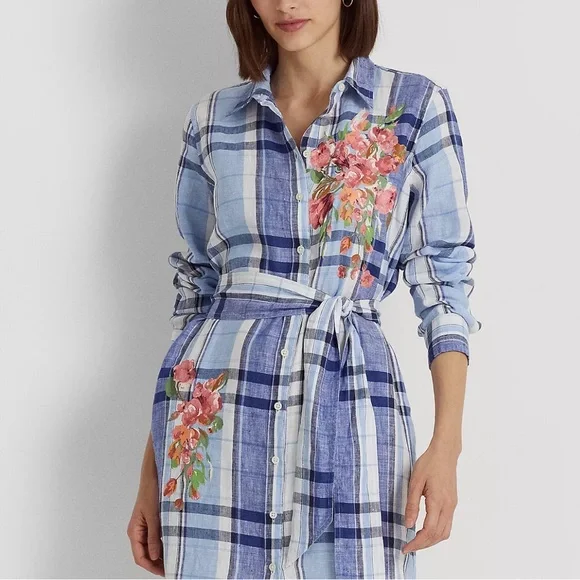 New Ralph Lauren Floral & Plaid Lightweight Linen Button Down Shirtdress Midi - Picture 6 of 15